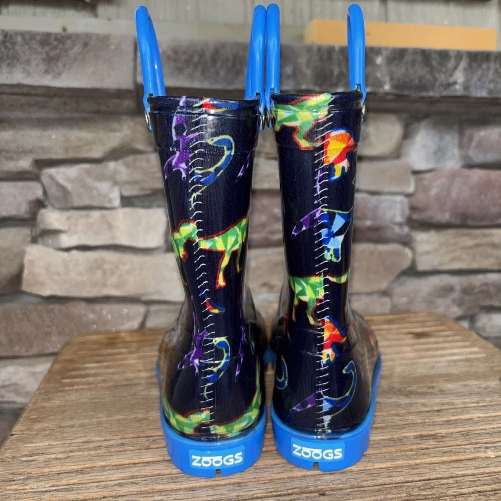 Zoogs Toddler Pull On Handle Rain Boots Dinosaur Print Blue Size 8